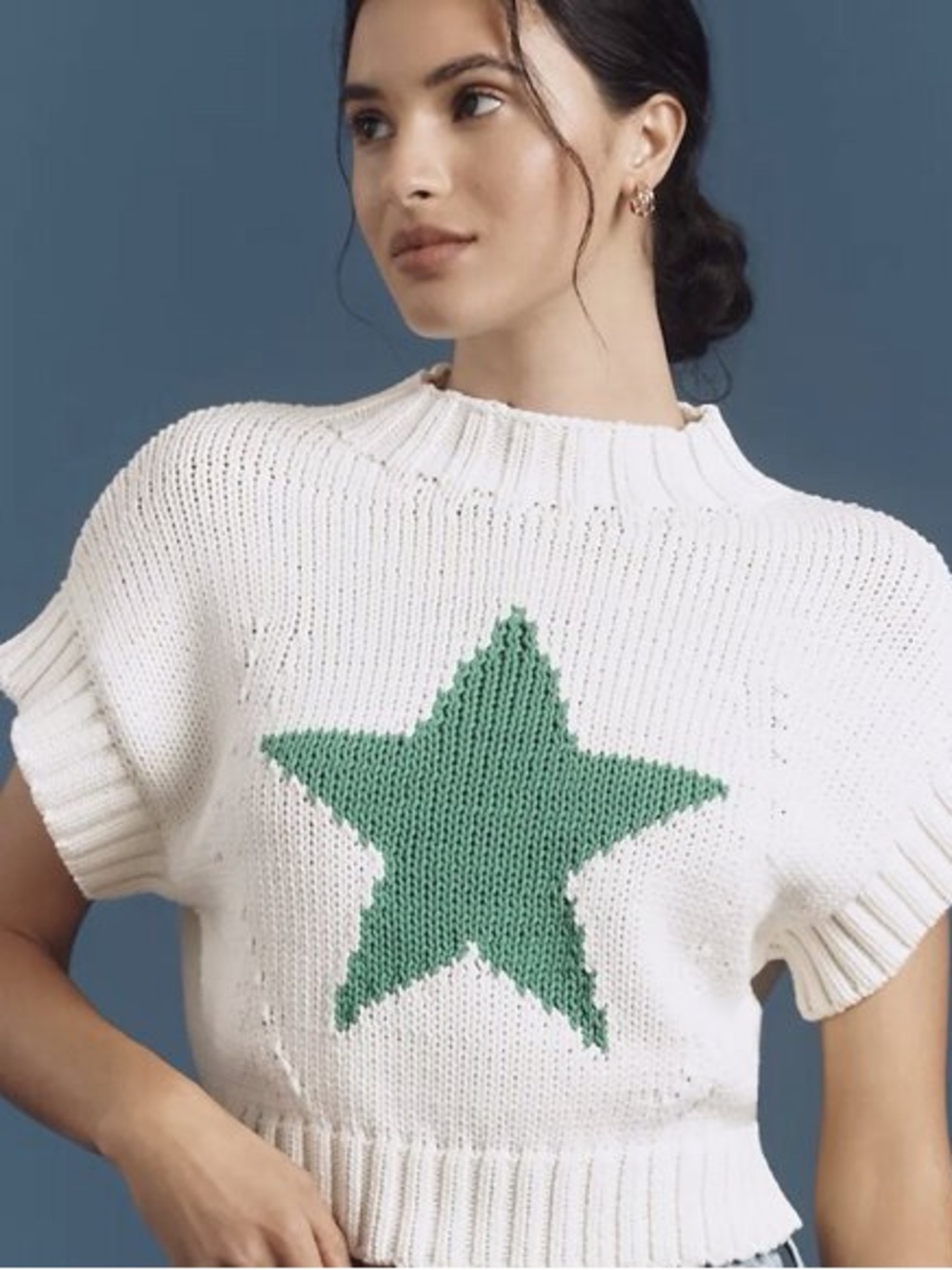 NWT Maeve for Anthropology White Short-Sleeve Knit Sweater with Green Star